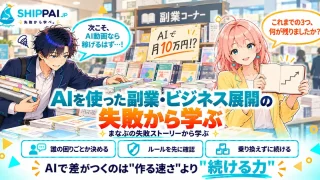 AIを使った副業・ビジネス展開の失敗から学ぶポイントを紹介するSHIPPAI.JPの記事アイキャッチ。まなぶとみらいのイラスト付き