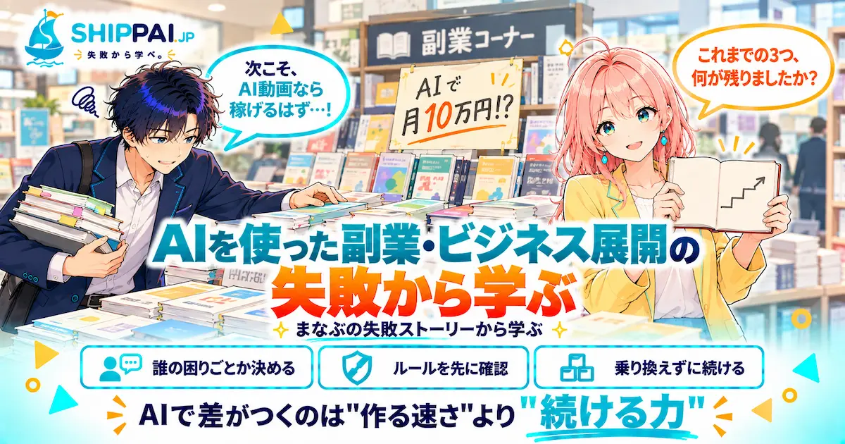 AIを使った副業・ビジネス展開の失敗から学ぶポイントを紹介するSHIPPAI.JPの記事アイキャッチ。まなぶとみらいのイラスト付き