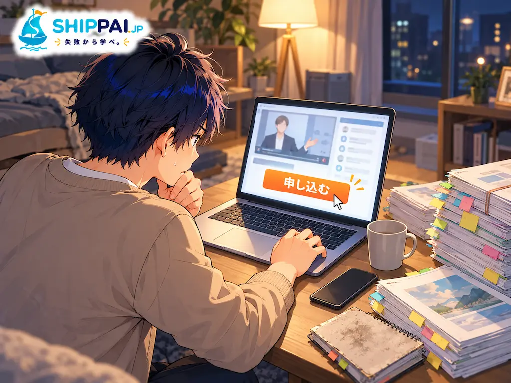 年末の夜、自宅のローテーブルで副業講座の申し込みボタンを押す直前に手を止めるまなぶのイラスト