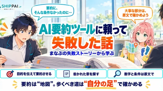AI要約ツールに頼って失敗した話を紹介するSHIPPAI.JPの記事アイキャッチ。まなぶとみらいのイラスト付き