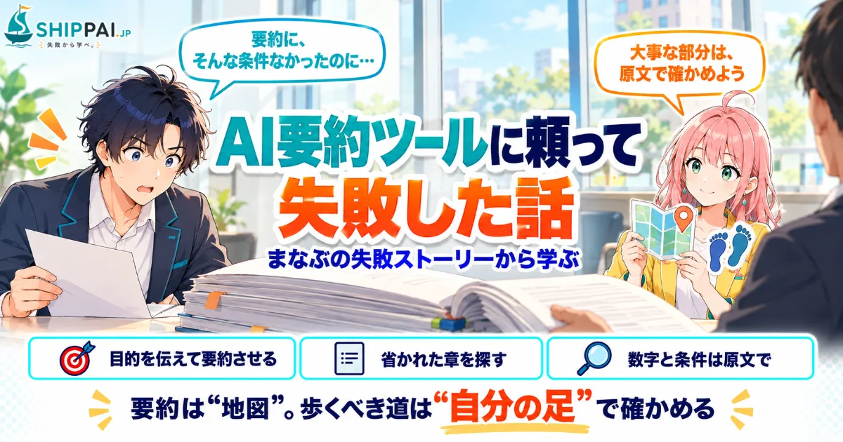 AI要約ツールに頼って失敗した話を紹介するSHIPPAI.JPの記事アイキャッチ。まなぶとみらいのイラスト付き