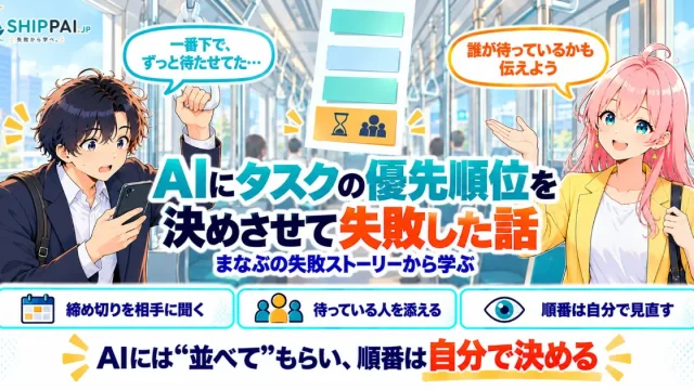 AIにタスクの優先順位を決めさせて失敗した話を紹介するSHIPPAI.JPの記事アイキャッチ。まなぶとみらいのイラスト付き