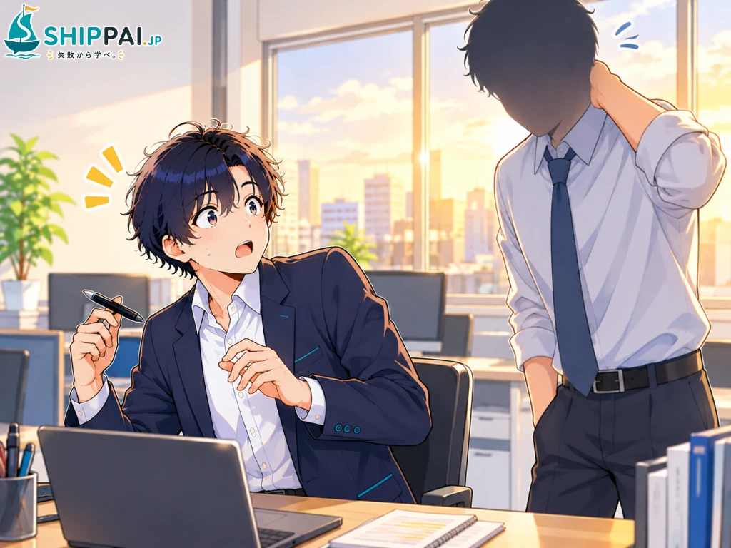 金曜日の夕方、先輩から資料が間に合わなかったことを知らされ、席で固まるまなぶのイラスト