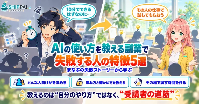 AIの使い方を教える副業で失敗する人の特徴5選を紹介するSHIPPAI.JPの記事アイキャッチ。まなぶとみらいのイラスト付き