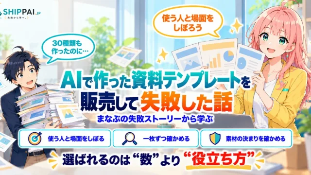 AIで作った資料テンプレートを販売して失敗した話を紹介するSHIPPAI.JPの記事アイキャッチ。まなぶとみらいのイラスト付き