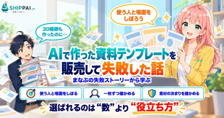AIで作った資料テンプレートを販売して失敗した話を紹介するSHIPPAI.JPの記事アイキャッチ。まなぶとみらいのイラスト付き