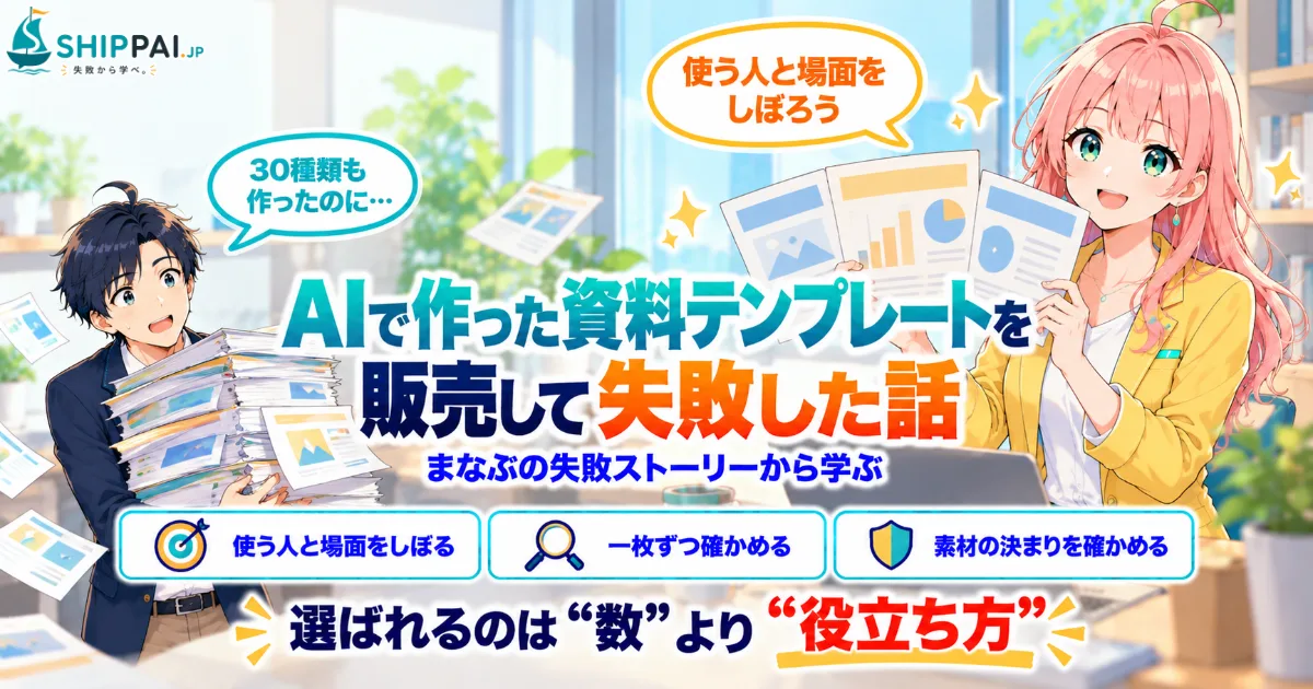 AIで作った資料テンプレートを販売して失敗した話を紹介するSHIPPAI.JPの記事アイキャッチ。まなぶとみらいのイラスト付き