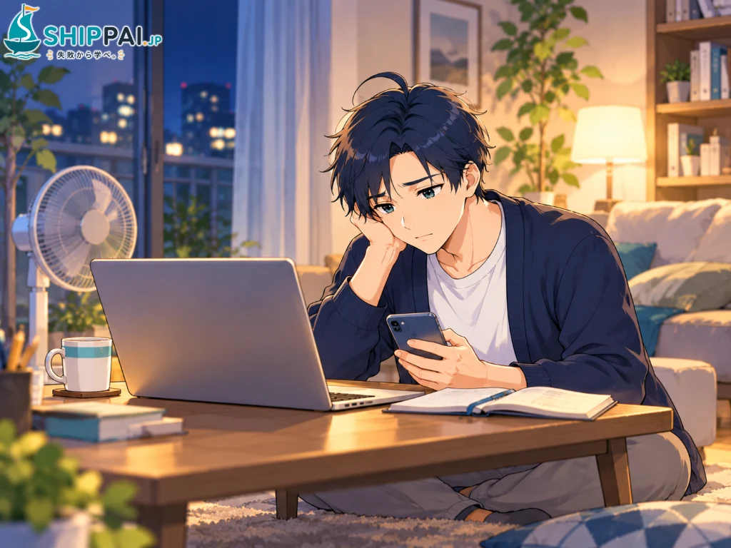 夏の夜の自宅で、テンプレートの売れ行きを何度も確かめては肩を落とすまなぶのイラスト
