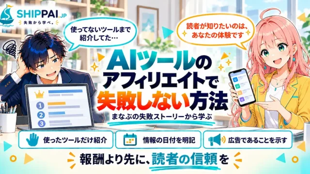 AIツールのアフィリエイトで失敗しない方法を紹介するSHIPPAI.JPの記事アイキャッチ。まなぶとみらいのイラスト付き