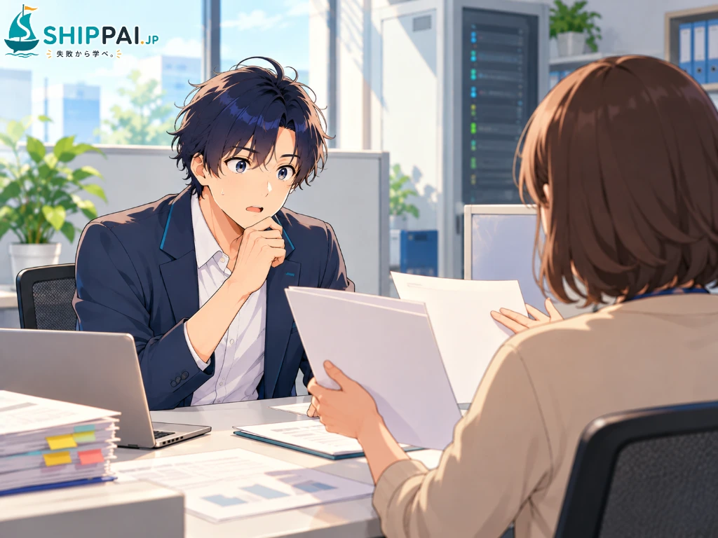 ランキングで選んだAIツールが会社の基準を満たしていないと、情報システム部の担当者から説明を受けるまなぶのイラスト