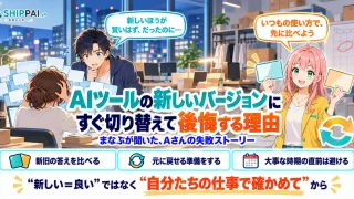 AIツールの新しいバージョンにすぐ切り替えて後悔する理由を紹介するSHIPPAI.JPの記事アイキャッチ。まなぶとみらいのイラスト付き