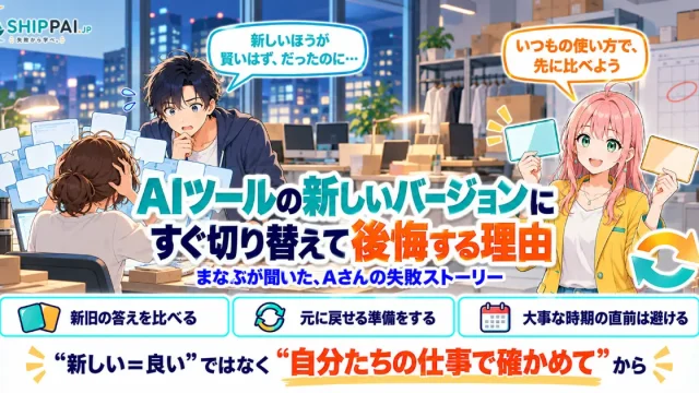 AIツールの新しいバージョンにすぐ切り替えて後悔する理由を紹介するSHIPPAI.JPの記事アイキャッチ。まなぶとみらいのイラスト付き