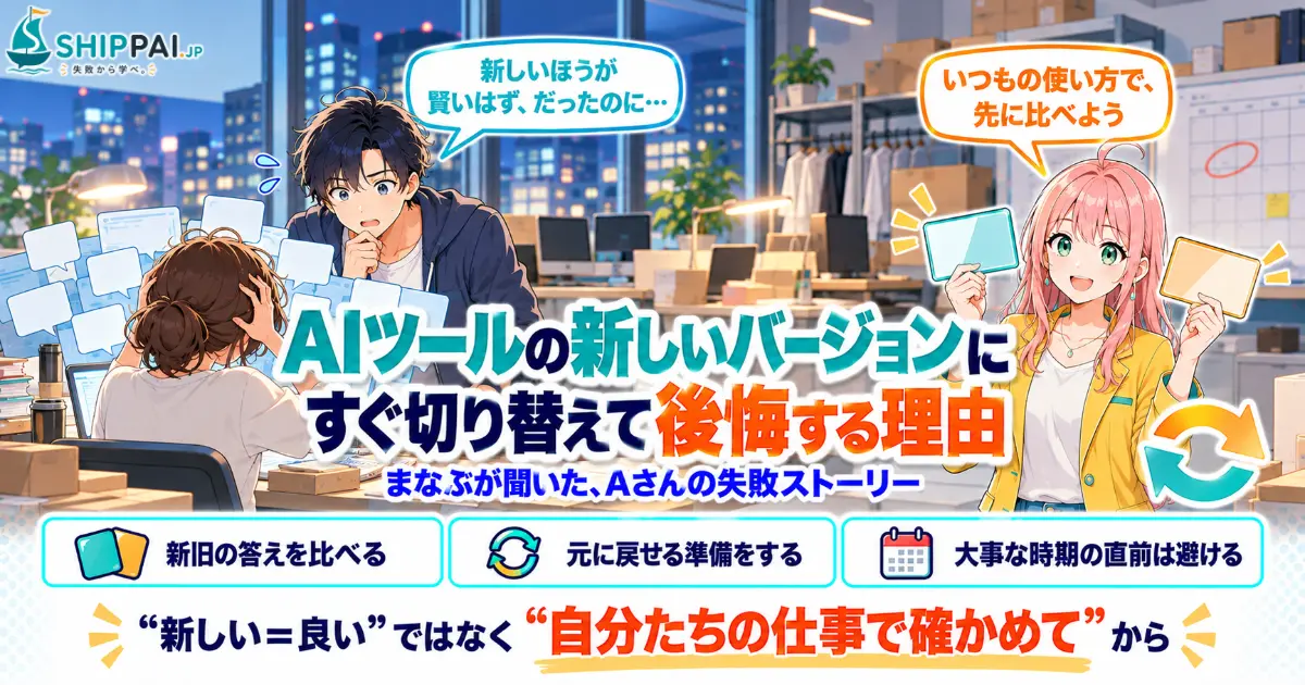 AIツールの新しいバージョンにすぐ切り替えて後悔する理由を紹介するSHIPPAI.JPの記事アイキャッチ。まなぶとみらいのイラスト付き