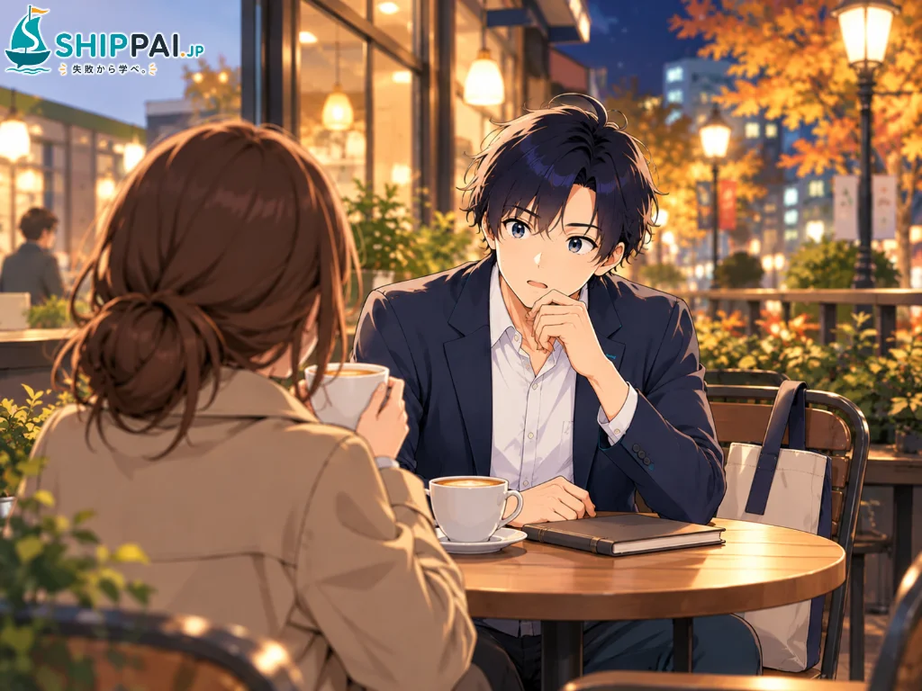 秋の夜、カフェのテラス席で、AIツールの新しいバージョンに切り替えて失敗した勉強会仲間のAさんの話を聞くまなぶのイラスト