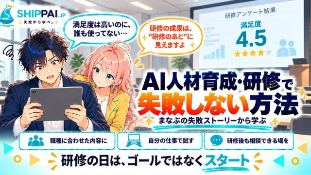 AI人材育成・研修で失敗しない方法を紹介するSHIPPAI.JPの記事アイキャッチ。まなぶとみらいのイラスト付き