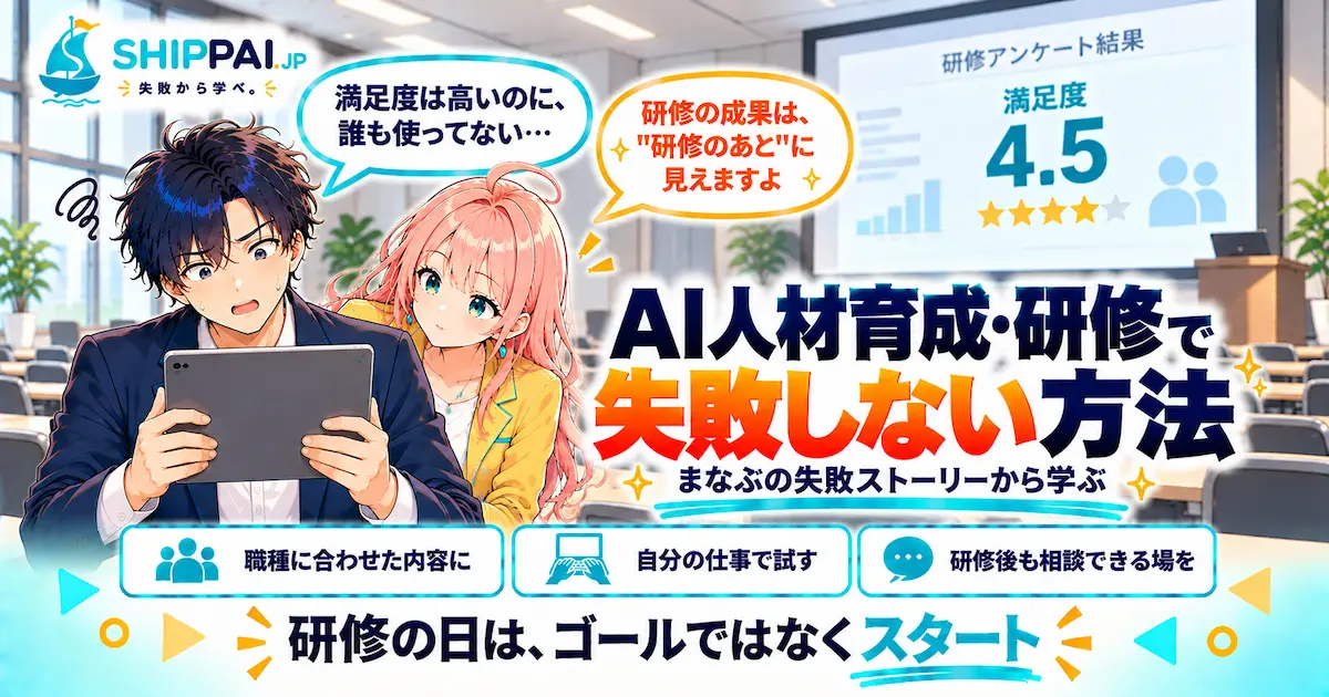 AI人材育成・研修で失敗しない方法を紹介するSHIPPAI.JPの記事アイキャッチ。まなぶとみらいのイラスト付き