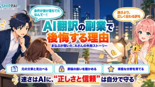 AI翻訳の副業で後悔する理由を紹介するSHIPPAI.JPの記事アイキャッチ。まなぶとみらいのイラスト付き