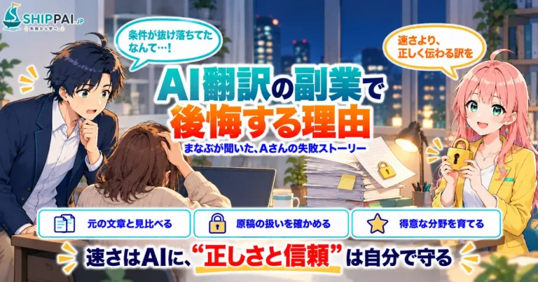 AI翻訳の副業で後悔する理由を紹介するSHIPPAI.JPの記事アイキャッチ。まなぶとみらいのイラスト付き