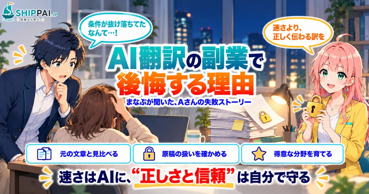 AI翻訳の副業で後悔する理由を紹介するSHIPPAI.JPの記事アイキャッチ。まなぶとみらいのイラスト付き