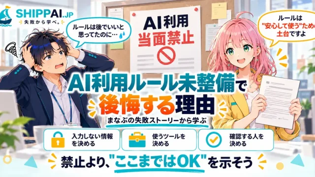 AI利用ルール未整備で後悔する理由を紹介するSHIPPAI.JPの記事アイキャッチ。まなぶとみらいのイラスト付き
