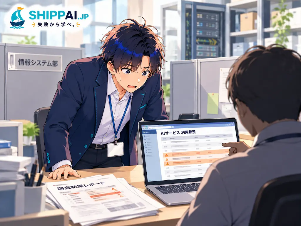 情報システム部の打ち合わせスペースで、社内のAI利用状況の調査結果を見せられ青ざめるまなぶのイラスト