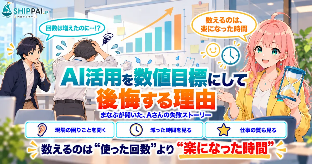 AI活用を数値目標にして後悔する理由を紹介するSHIPPAI.JPの記事アイキャッチ。まなぶとみらいのイラスト付き
