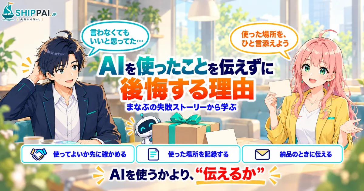 AIを使ったことを伝えずに後悔する理由を紹介するSHIPPAI.JPの記事アイキャッチ。まなぶとみらいのイラスト付き