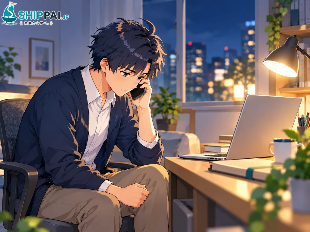 夜の自宅のデスクで、お客さまからの電話に申し訳なさそうにうつむくまなぶのイラスト