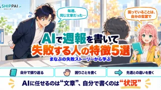 AIで週報を書いて失敗する人の特徴5選を紹介するSHIPPAI.JPの記事アイキャッチ。まなぶとみらいのイラスト付き