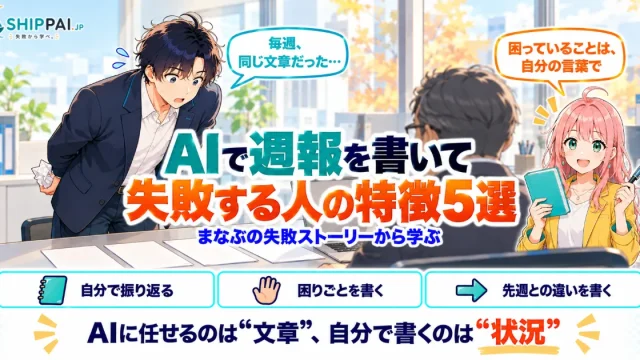 AIで週報を書いて失敗する人の特徴5選を紹介するSHIPPAI.JPの記事アイキャッチ。まなぶとみらいのイラスト付き