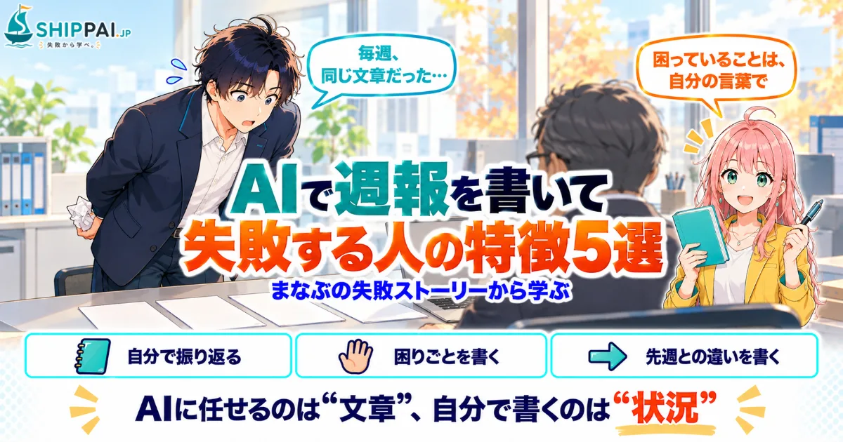 AIで週報を書いて失敗する人の特徴5選を紹介するSHIPPAI.JPの記事アイキャッチ。まなぶとみらいのイラスト付き