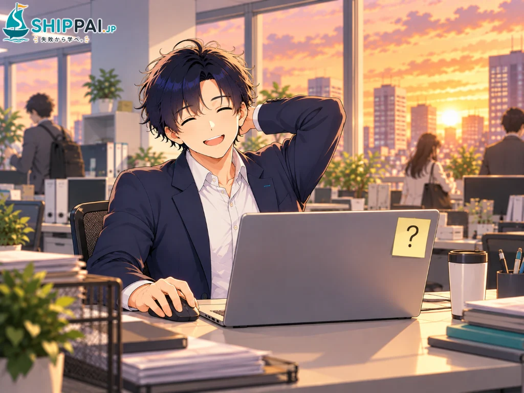 金曜日の夕方、AIで作った週報をほっとした顔で送信するまなぶと、画面の端に貼られた「?」の付箋のイラスト
