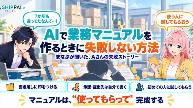 AIで業務マニュアルを作るときに失敗しない方法を紹介するSHIPPAI.JPの記事アイキャッチ。まなぶとみらいのイラスト付き