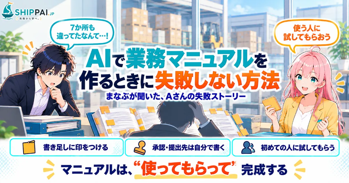 AIで業務マニュアルを作るときに失敗しない方法を紹介するSHIPPAI.JPの記事アイキャッチ。まなぶとみらいのイラスト付き