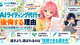 AIライティング代行で後悔する理由を紹介するSHIPPAI.JPの記事アイキャッチ。まなぶとみらいのイラスト付き