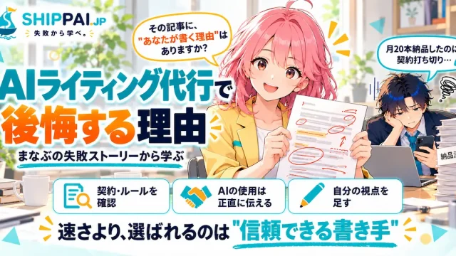 AIライティング代行で後悔する理由を紹介するSHIPPAI.JPの記事アイキャッチ。まなぶとみらいのイラスト付き