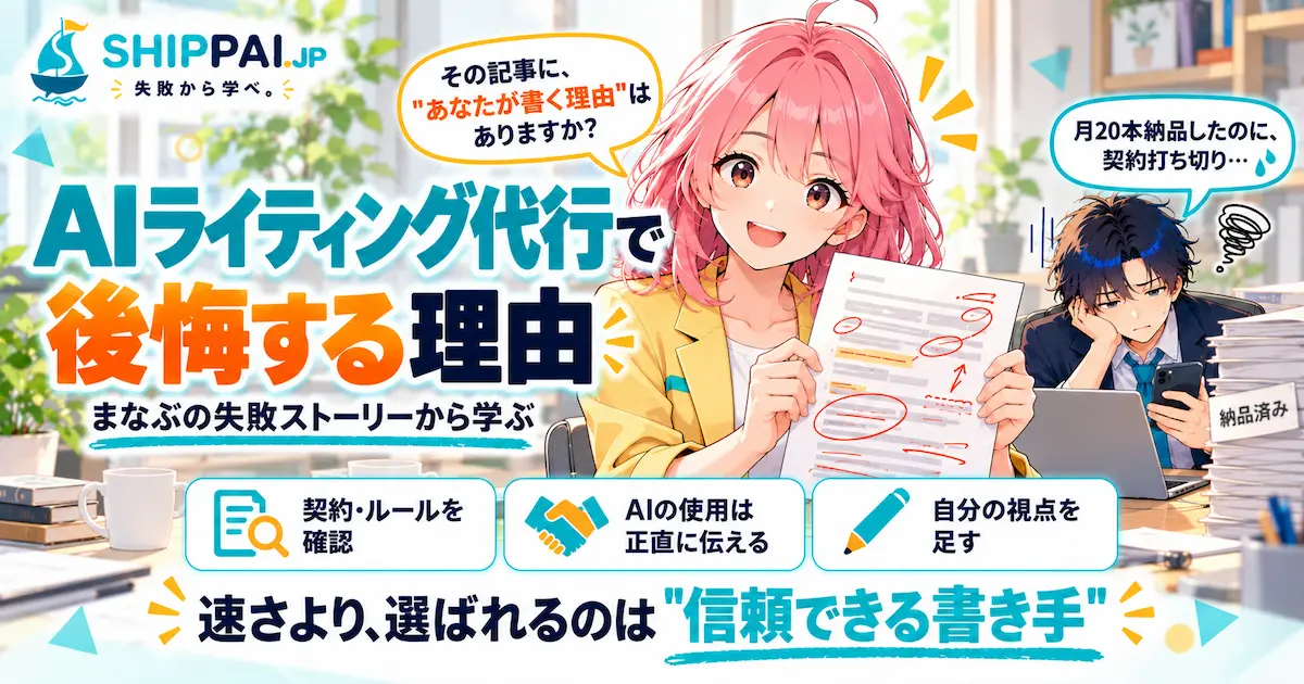 AIライティング代行で後悔する理由を紹介するSHIPPAI.JPの記事アイキャッチ。まなぶとみらいのイラスト付き