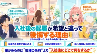 入社後の配属が希望と違って後悔する理由を紹介するSHIPPAI.JPの記事アイキャッチ。まなぶとみらいのイラスト付き
