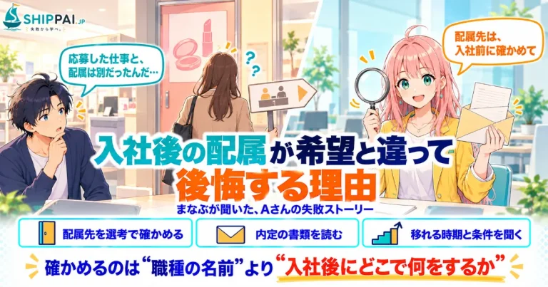 入社後の配属が希望と違って後悔する理由を紹介するSHIPPAI.JPの記事アイキャッチ。まなぶとみらいのイラスト付き
