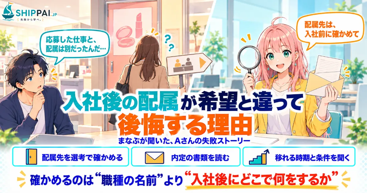 入社後の配属が希望と違って後悔する理由を紹介するSHIPPAI.JPの記事アイキャッチ。まなぶとみらいのイラスト付き