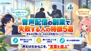 音声配信の副業で失敗する人の特徴5選を紹介するSHIPPAI.JPの記事アイキャッチ。まなぶとみらいのイラスト付き