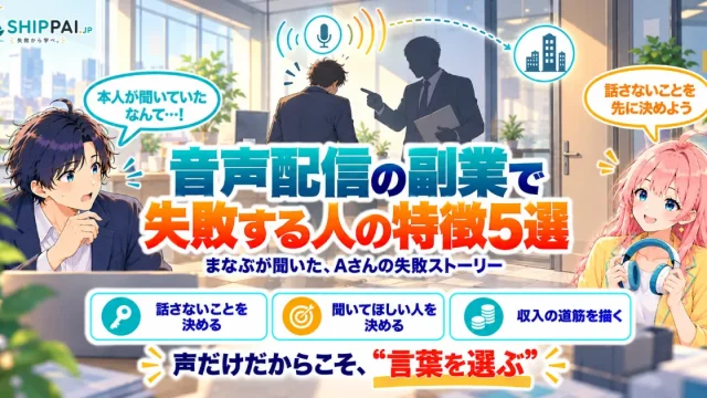 音声配信の副業で失敗する人の特徴5選を紹介するSHIPPAI.JPの記事アイキャッチ。まなぶとみらいのイラスト付き