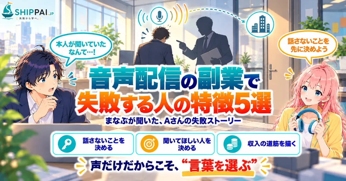 音声配信の副業で失敗する人の特徴5選を紹介するSHIPPAI.JPの記事アイキャッチ。まなぶとみらいのイラスト付き