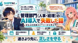 管理部門(人事・経理)のAI導入で失敗した話を紹介するSHIPPAI.JPの記事アイキャッチ。まなぶとみらいのイラスト付き