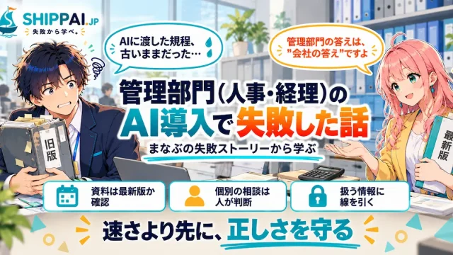 管理部門(人事・経理)のAI導入で失敗した話を紹介するSHIPPAI.JPの記事アイキャッチ。まなぶとみらいのイラスト付き