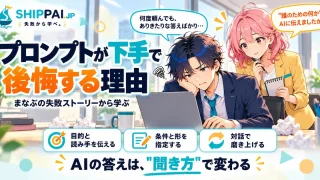 プロンプトが下手で後悔する理由を紹介するSHIPPAI.JPの記事アイキャッチ。まなぶとみらいのイラスト付き