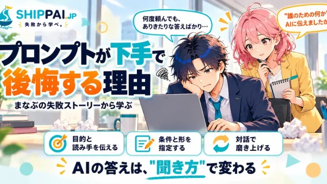 プロンプトが下手で後悔する理由を紹介するSHIPPAI.JPの記事アイキャッチ。まなぶとみらいのイラスト付き
