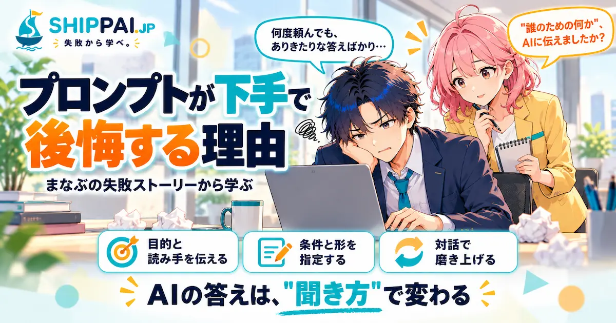 プロンプトが下手で後悔する理由を紹介するSHIPPAI.JPの記事アイキャッチ。まなぶとみらいのイラスト付き