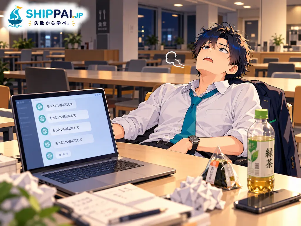 夜の社員食堂で、AIに「もっといい感じにして」をくり返しても思う答えが出ず、ぐったりするまなぶのイラスト