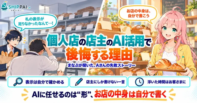 個人店の店主のAI活用で後悔する理由を紹介するSHIPPAI.JPの記事アイキャッチ。まなぶとみらいのイラスト付き